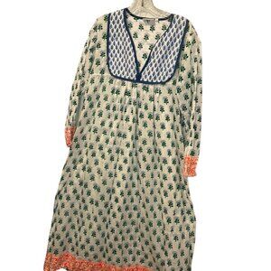 SZ green blue Indian Blcok Print cotton tunic long sleeved dress S